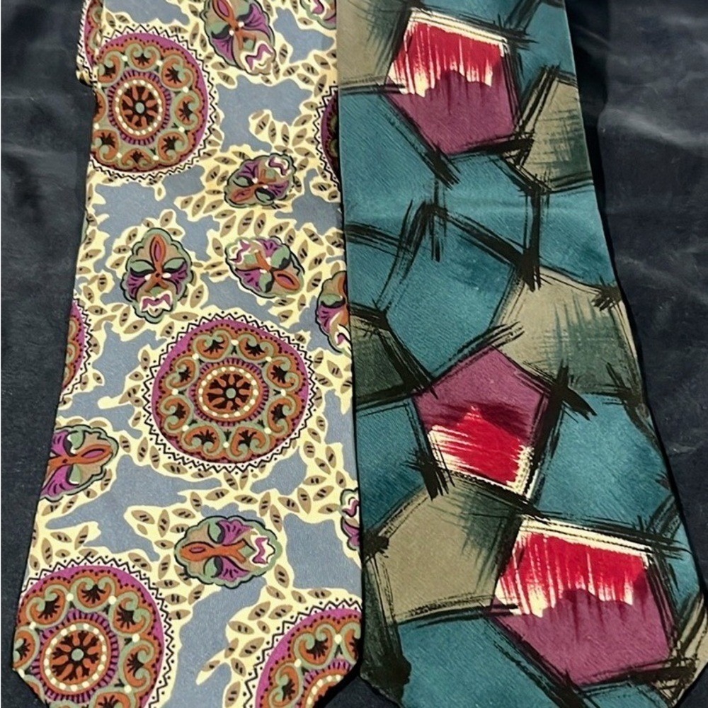 CHRISTIAN DIOR tie lot 2 vintage all silk Italian Italy geometric blue green USA